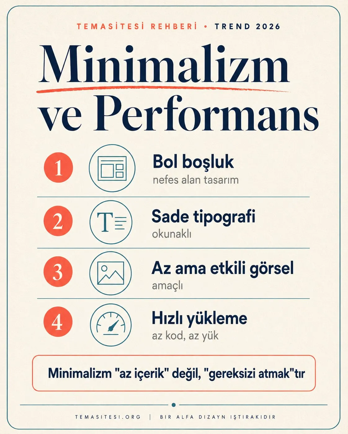 Performans odaklı minimalizm infografiği: bol boşluk, sade tipografi, az ama etkili görsel ve hızlı yükleme