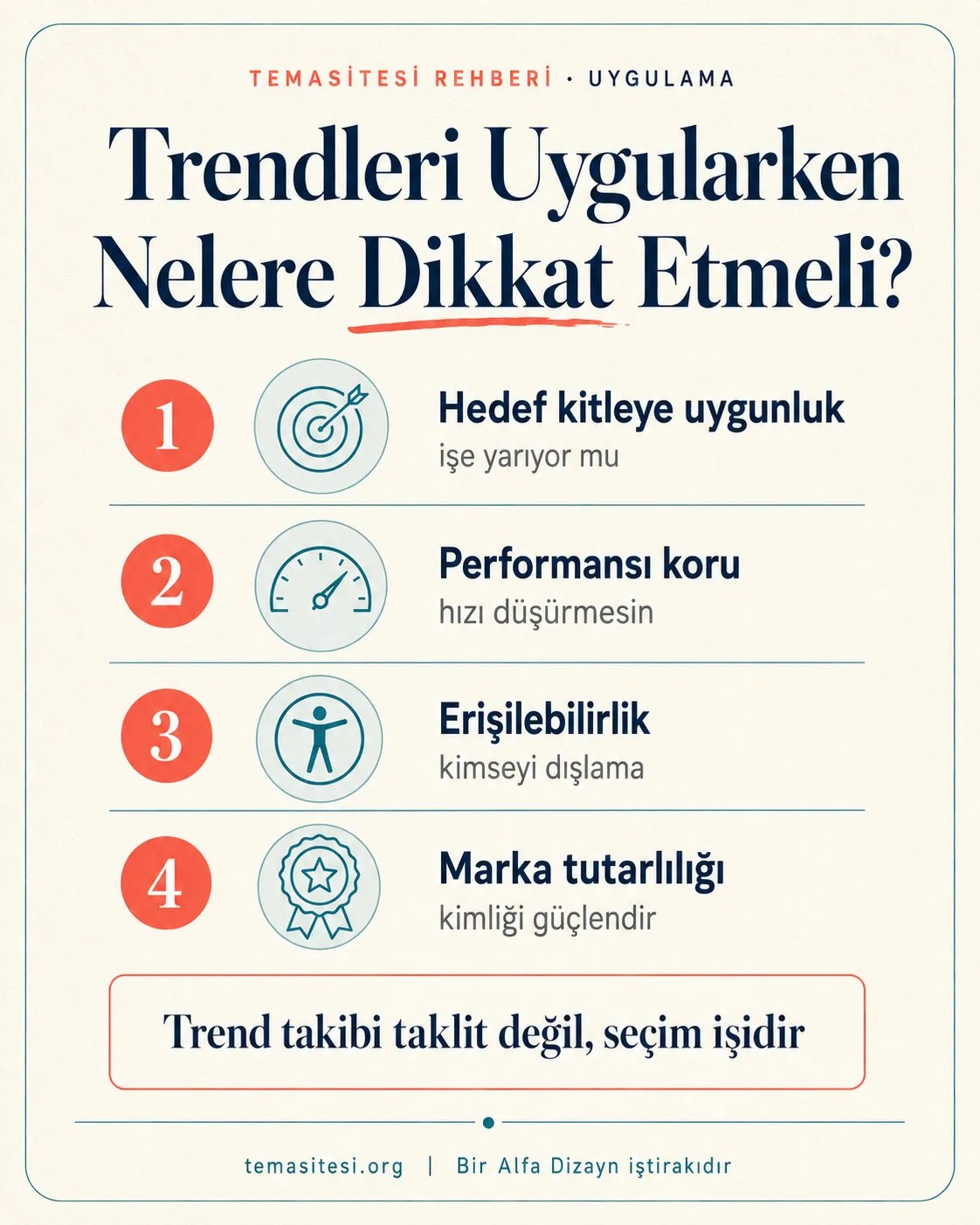 Trend uygularken dikkat edilecekler infografiği: hedef kitleye uygunluk, performansı koruma, erişilebilirlik ve marka tutarlılığı