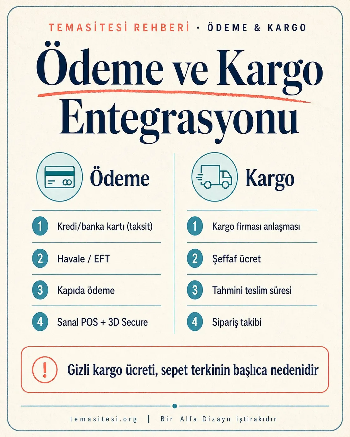E-ticaret ödeme ve kargo infografiği: kredi kartı taksit, havale-EFT, kapıda ödeme, sanal POS ve kargo entegrasyonu