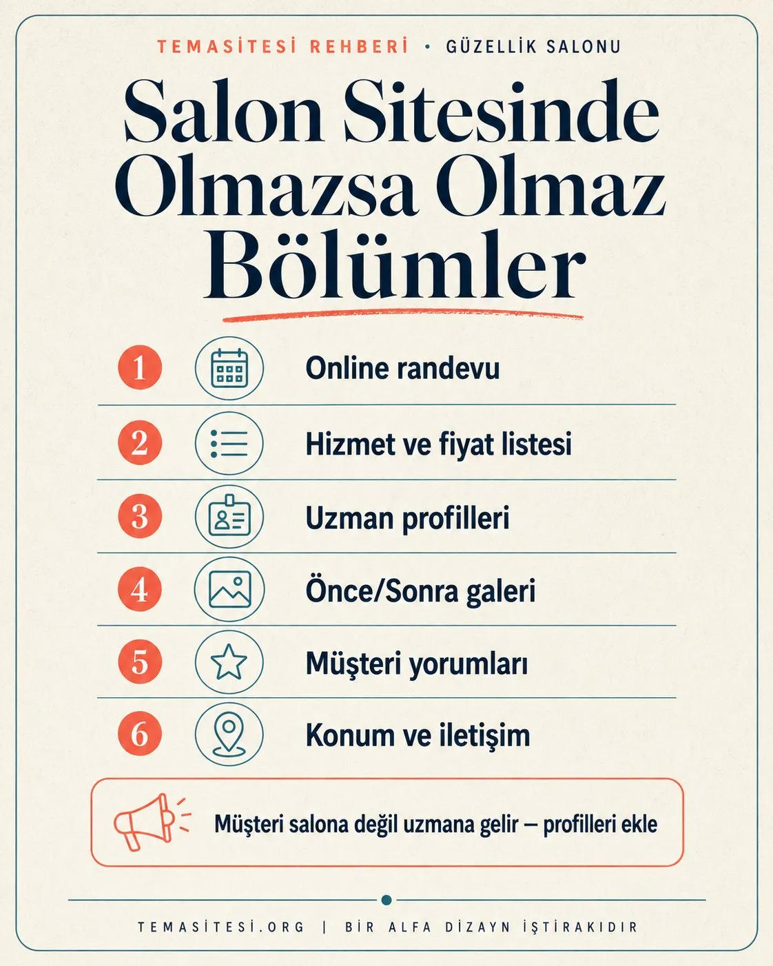 Güzellik salonu web sitesinde olmazsa olmaz bölümler infografiği: online randevu, hizmet ve fiyat, uzman profilleri, önce-sonra galeri, yorumlar ve konum