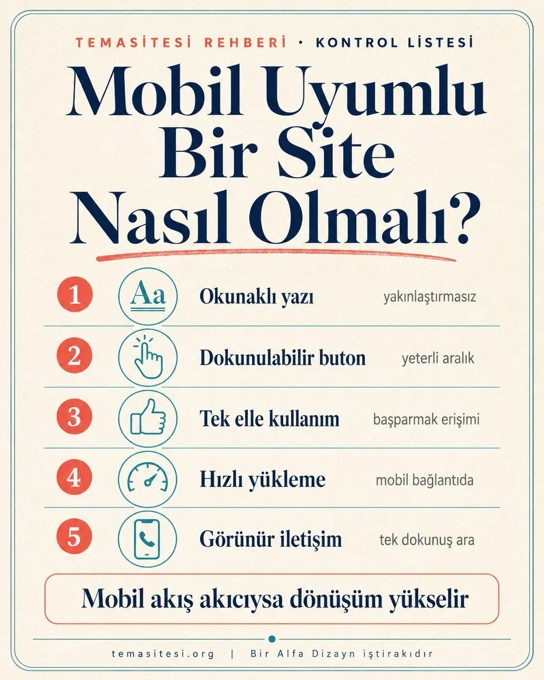 Mobil uyumlu site kontrol listesi infografiği: okunaklı yazı, dokunulabilir buton, tek elle kullanım, hızlı yükleme ve görünür iletişim