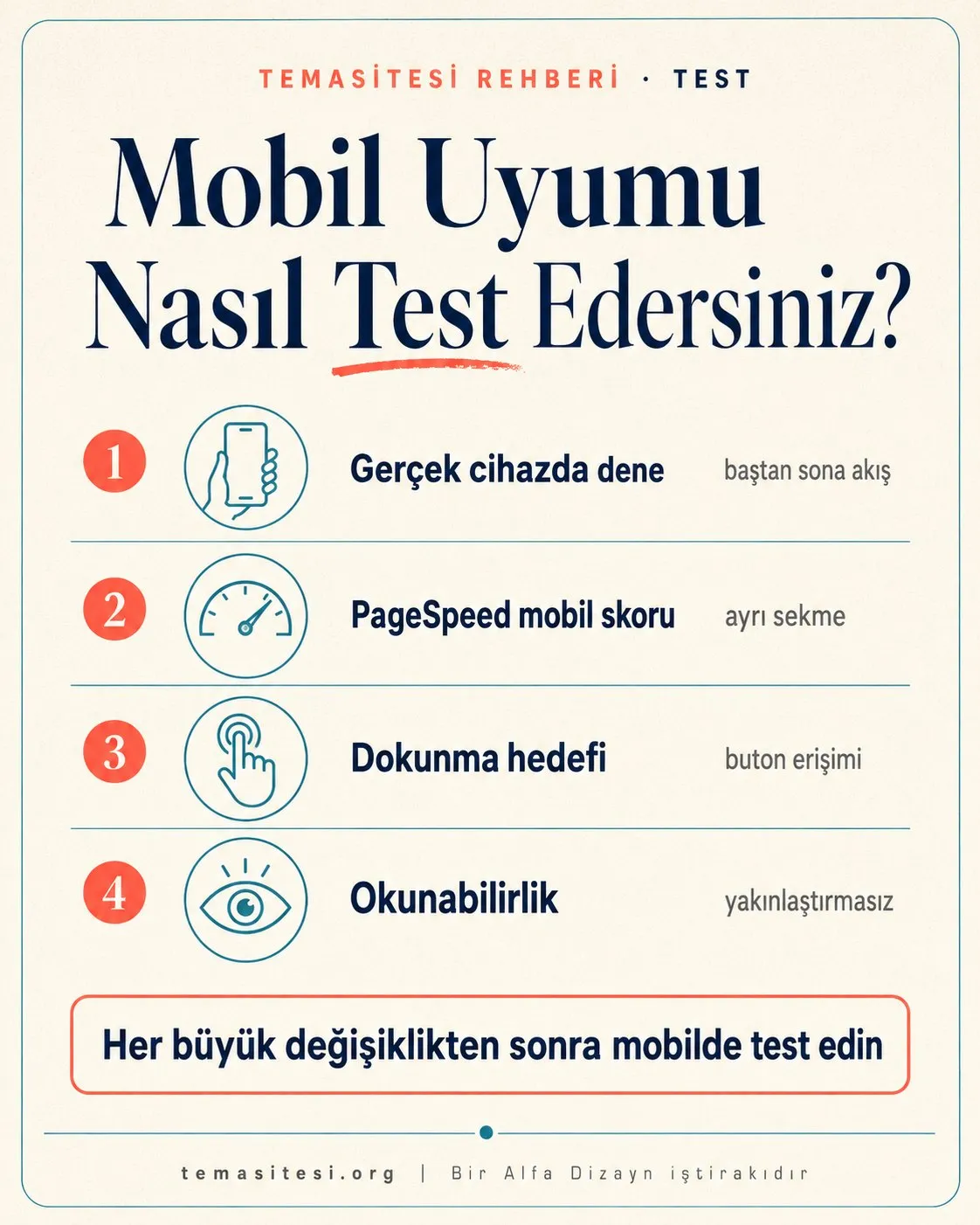 Mobil uyum testi infografiği: gerçek cihazda deneme, PageSpeed mobil skoru, dokunma hedefi ve okunabilirlik kontrolü