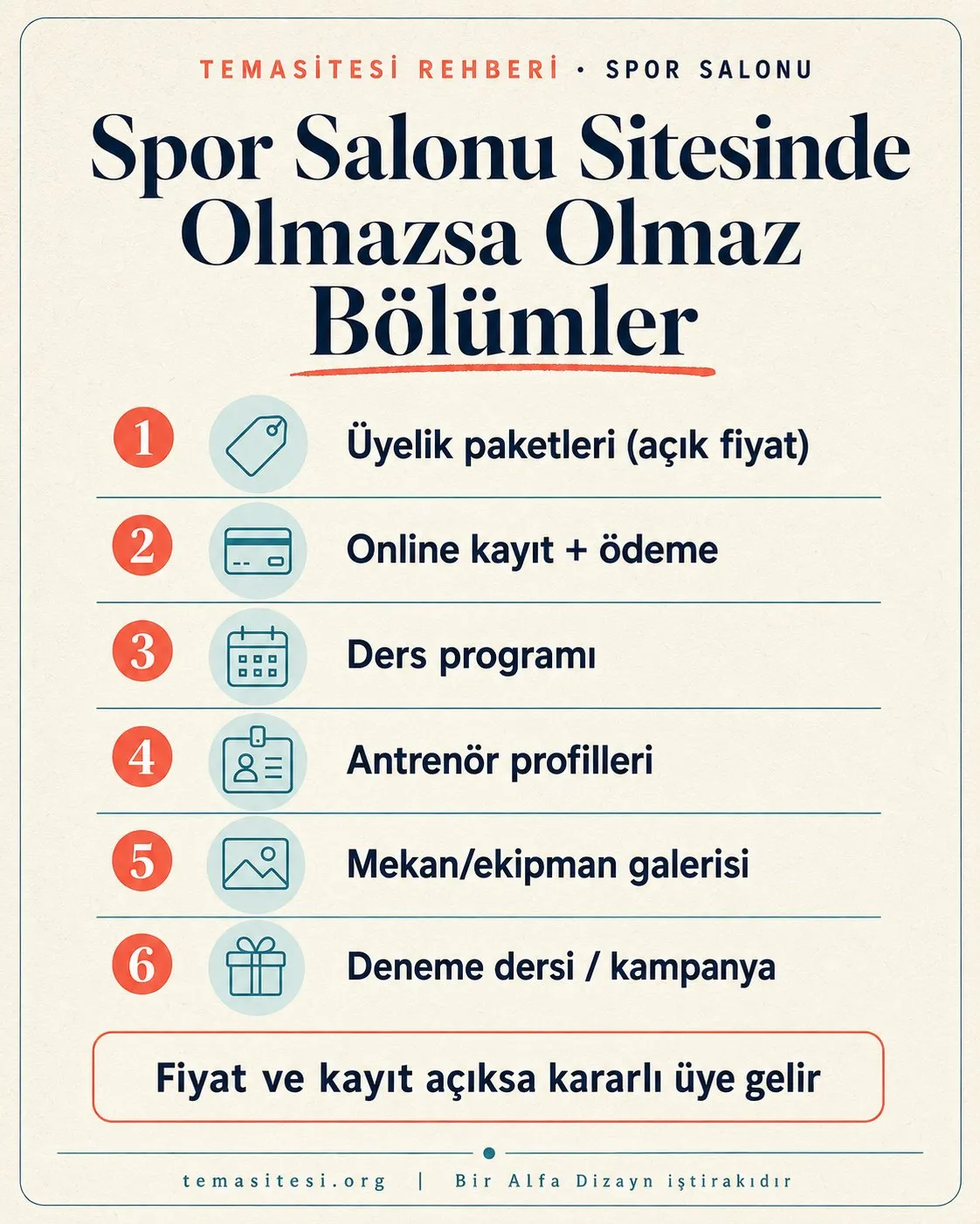Spor salonu web sitesinde olmazsa olmaz bölümler infografiği: üyelik paketleri, online kayıt, ders programı, antrenör profilleri, galeri ve deneme dersi