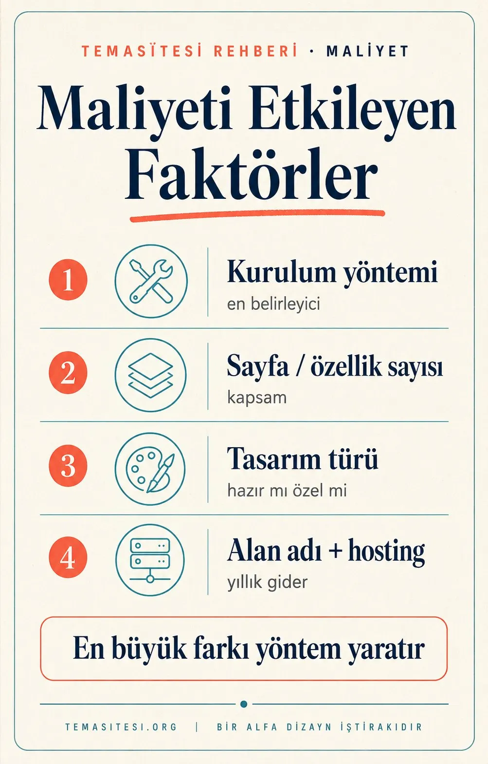 Web sitesi maliyetini etkileyen faktörler infografiği: kurulum yöntemi, sayfa/özellik sayısı, tasarım türü ve alan adı-hosting